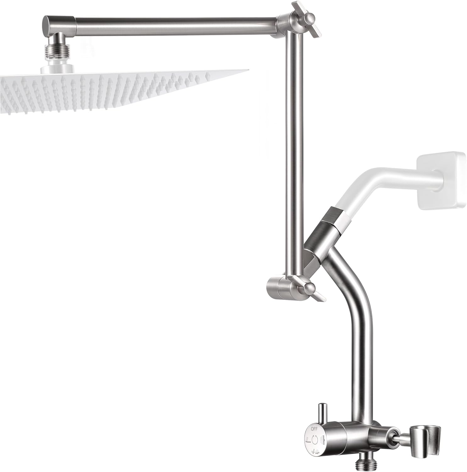 G-Promise All Metal Shower Diverter with 16 Inch Shower Extension Arm, 3-Way Diverter Valve with Low Handheld Holder and Pause Mode, Adjustable Extender with Lock Joint, Bathroom Replacement Part