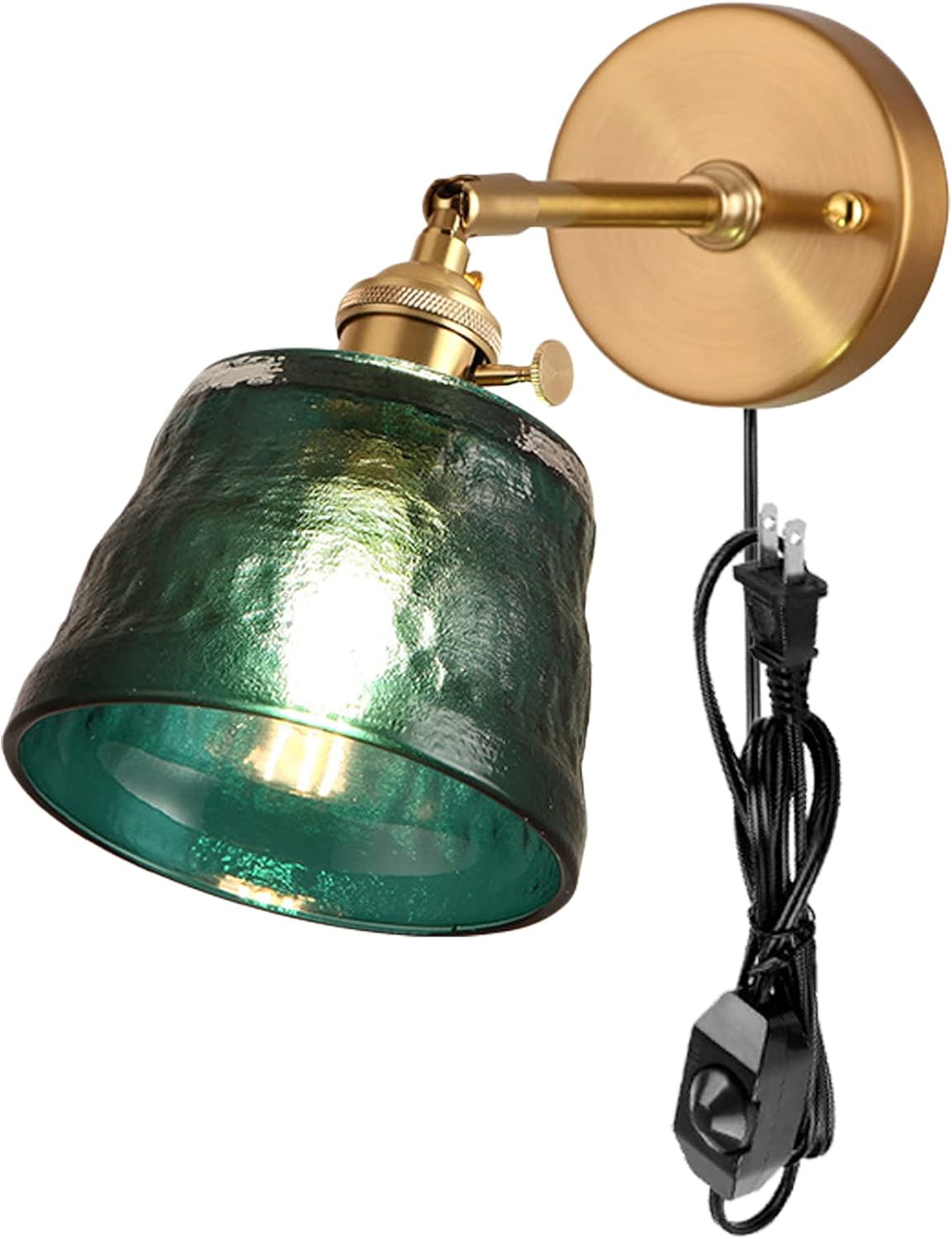 Adjustable Wall Sconces with UL Plug-in Cord Bedside Reading Light E26 Bronze Base with Rotate Switch Green Glass Wall lamp Fixture for Hallway Kitchen Island Bathroom Lighting Dimmable