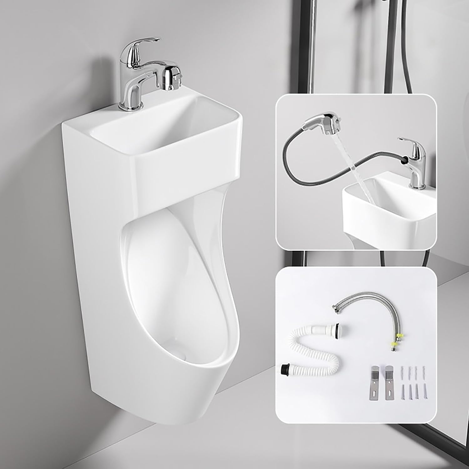 Orinal de Pared con Lavabo Integrado y Grifo Extraíble Blanco miniatura 1