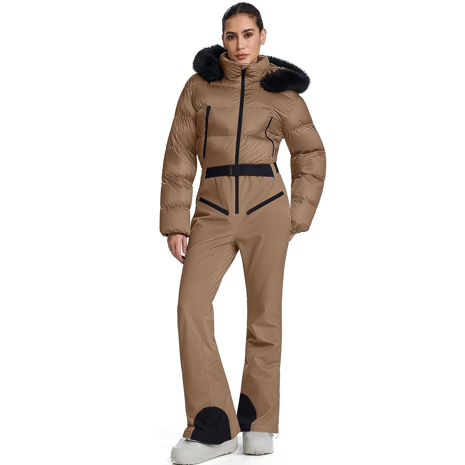 HOTIAN Damen Einteiliger Schneeanzug Wasserdicht Isoliert Ski-Overall mit Kunstfellkragen zum Skifahren Snowboarden Khaki M