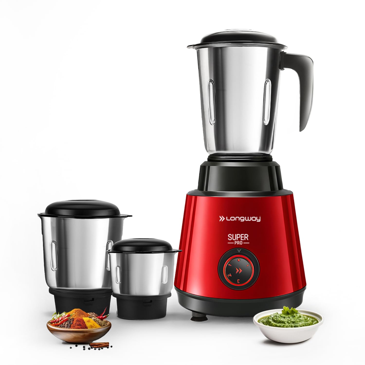 Longway Super Pro Mixer Grinder | 500 Watt Powerful Motor | 3 Jars for Grinding, Mixing, Juicing | 2 Years Warranty (Red & Wine)