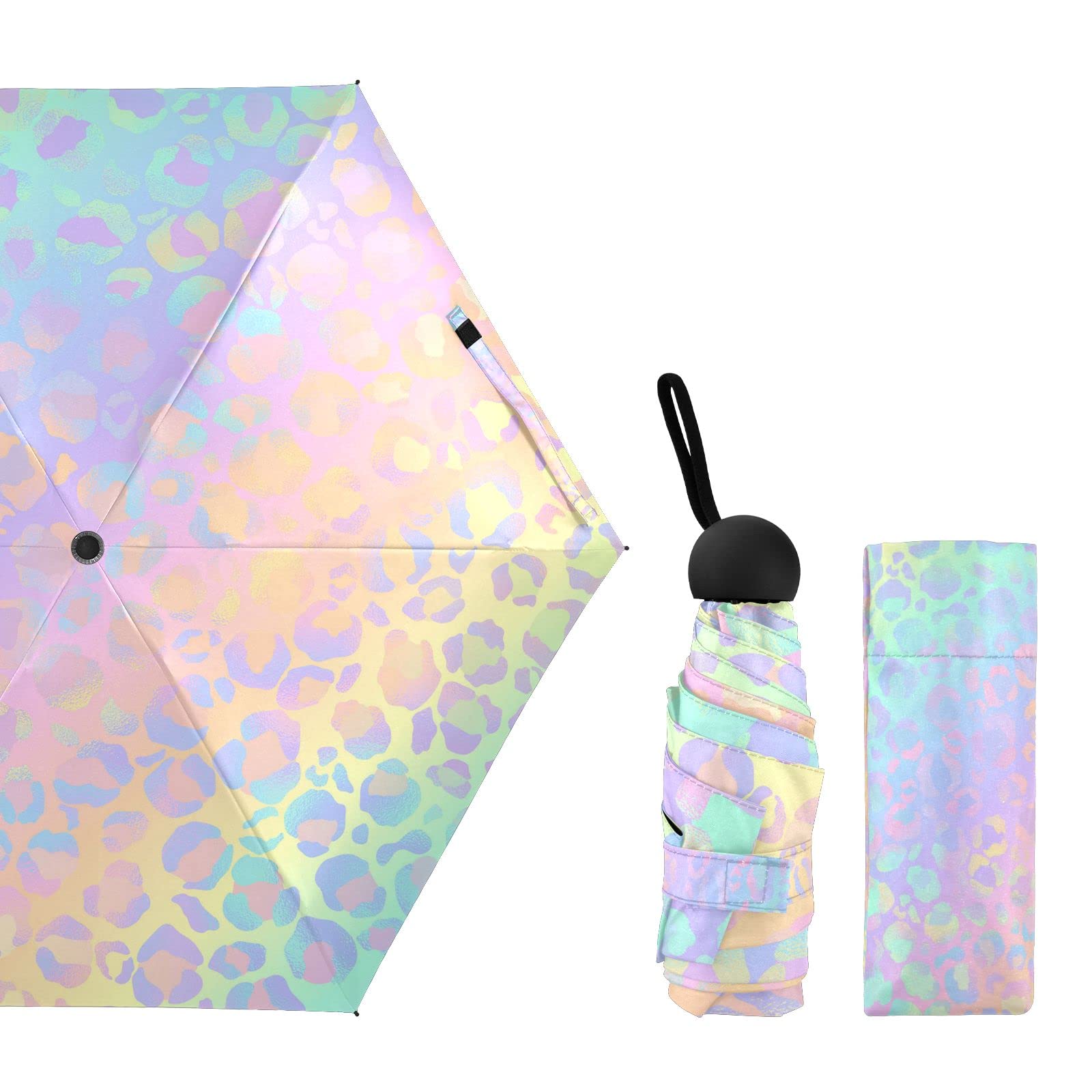 ALAZA Paraguas plegable con estampado de leopardo arcoíris y guepardo de oro rosa para lluvia, sol, viajes, mini paraguas compactos ligeros