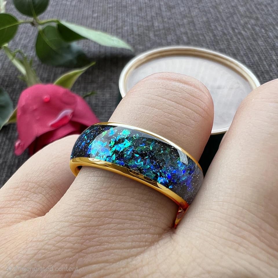 8MM Men Women Tungsten Carbide Ring Band Blue Green Opal Fragments Inlay Dome Shiny Polish Ring Band4