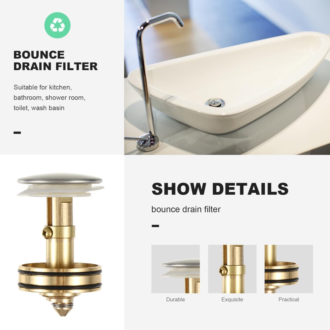 Mipcase Bounce Drain Filter Push Button Sink Stopper for Bathroom and Kitchen Wash Basin Drain Universal Size 1.96X1.37X1.37In Easy Install and Hair Blocker