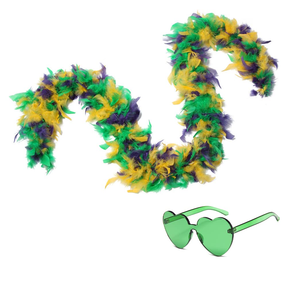 JICASTO Colorful Feather Boas, 6.6ft Feather Boa for Women for Dancing Wedding Party Cosplay Halloween,with Heart Rimless Sunglasses