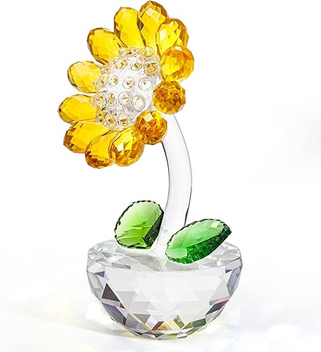 Miniatura 4 de TOPZEA Figura coleccionable de girasol de cristal, adorno de flor de cristal, pisapapeles de cristal con caja de regalo, ramo de flores pequeñas,