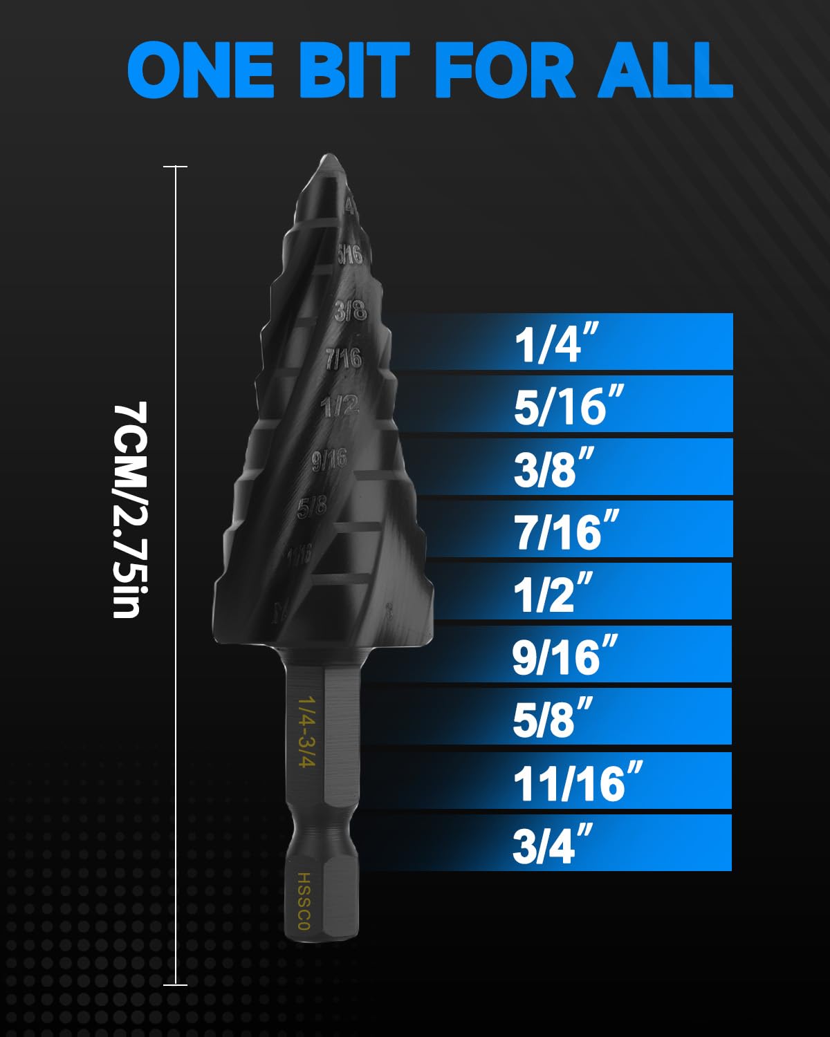 M2 HSS Step Drill Bit Double Fluted Drill Bits for Metal, Carbon Steel, Stainless Steel, Wood, Plastic (1/4"-3/4")