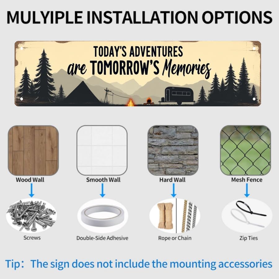 Adventure-Themed Tin Decor 16 * 4 Inches "TODAY'S ADVENTURES ARE TOMORROW'S MEMORIES" Campsite/Home Wall Art - Retro Outdoor Accent, Travel Decor, Camping Metal Sign