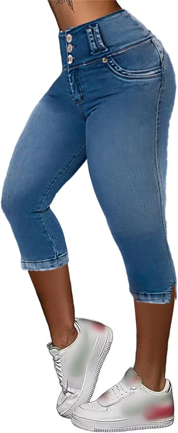 Flamingals Capri Jeans for Women Stretchy Butt Lifting Mid Waisted Skinny Capris Denim Jeans