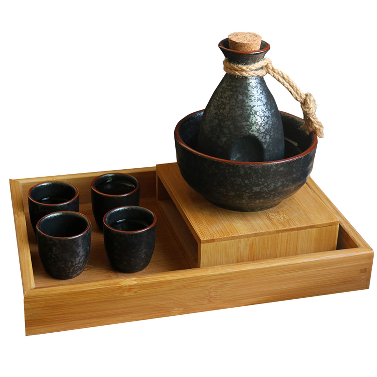 Set da 8 pezzi per sake, tazze da sake retrò in ceramica giapponese, con pentola riscaldante e tavolo riscaldante in legno di bambù, design elegante, miglior regalo per tazze di famiglia e amici