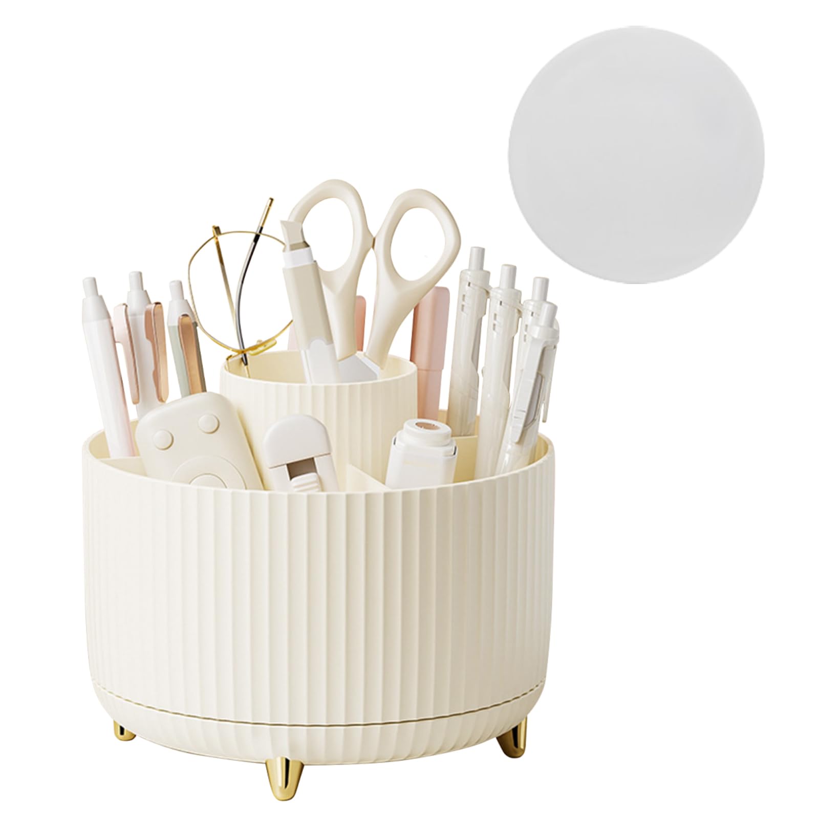 Vilike Rotating Pen Pot for Desk Tidy Beige Desk Organiser & Makeup Brush Holder with 5 Compartment for Women Desk Accessories with Anti-slip for Home Office(Beige)