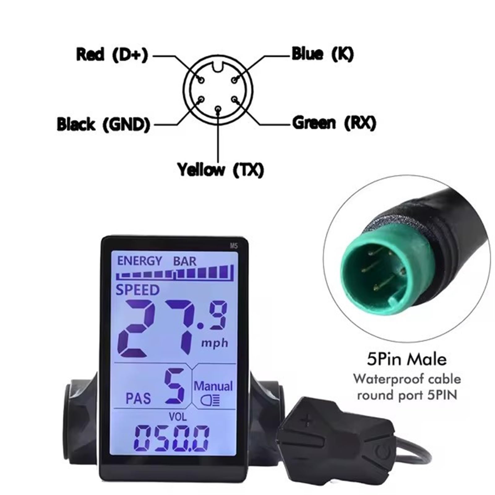 Pantalla para Ebike, Pantalla De Bicicleta Eléctrica M5 con Cable, Velocímetro