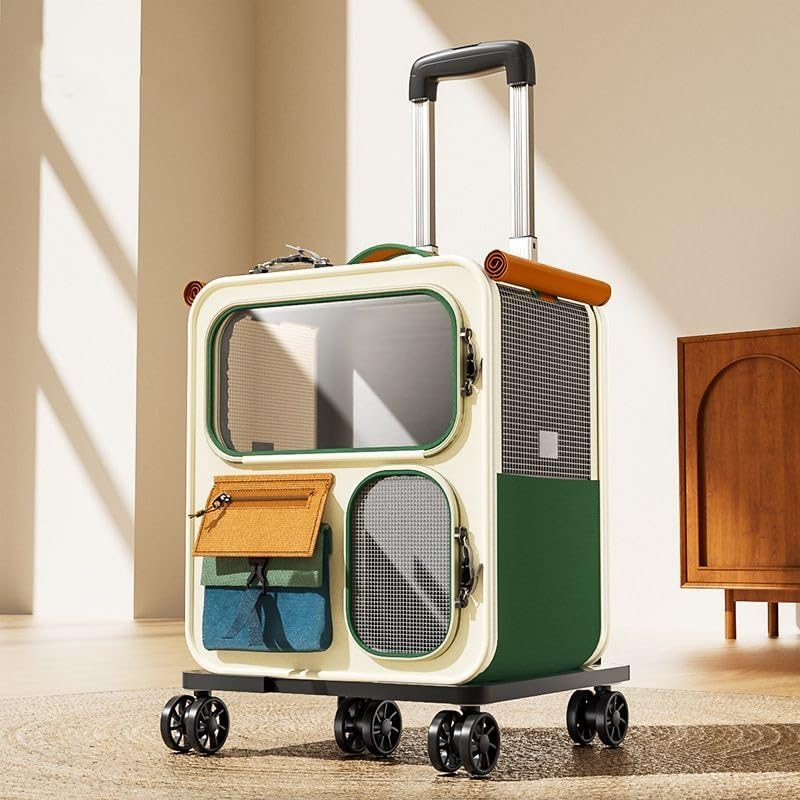 Wheeled Rolling Pet Carrier Handbag, Spacious Travel Tote for Large Cats and Small Dogs Up to 10kg, Suitable for Walking Camping Outdoor Trips(Green Bag Cart)