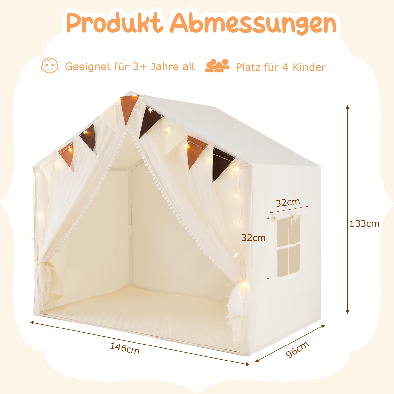 GOPLUS Spielhaus Kinder Indoor, Spielzelt groß mit Vorhängen, Fenstern, Sternenlichtern, bunten Flaggen & gepolsterter Matte, waschbares Kinderzelt für Mädchen & Jungen ab 3 Jahren (Beige)