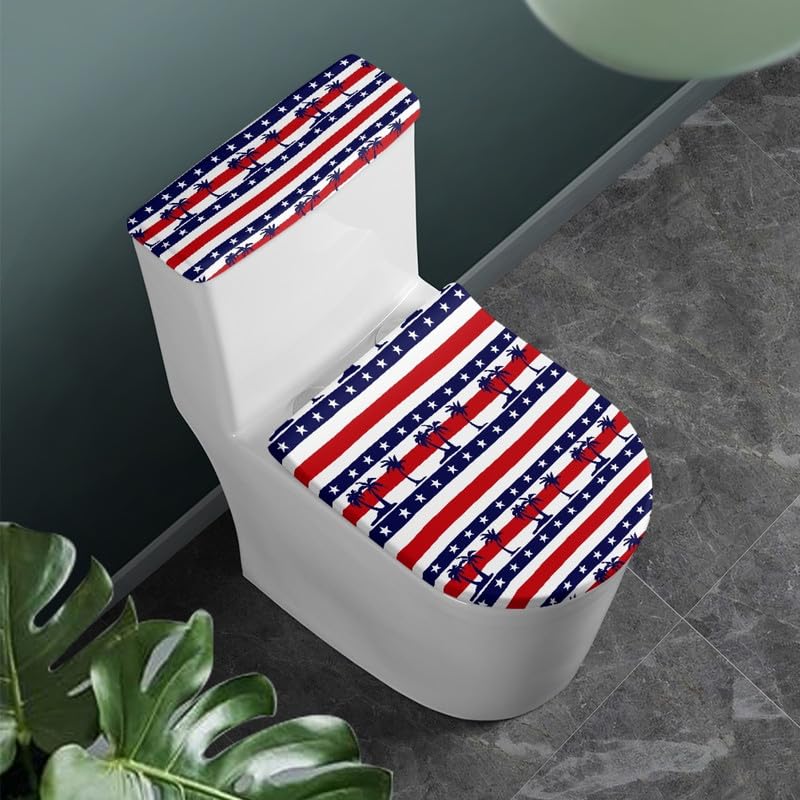 Daulesho Red Blue White Stripes Toilet Lid Cover Stars and Stripes Washable Toilet Tank Replacement Toilet Cover Set Abstract American Flag for Bathroom Home Decor Accessories