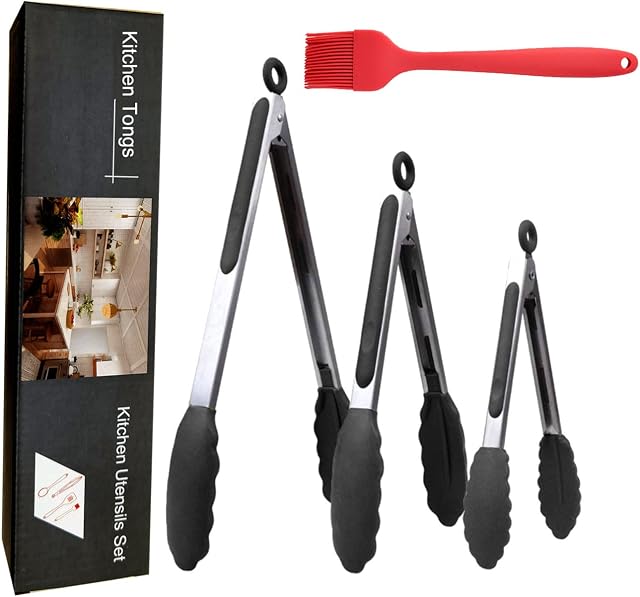 JEEYOO Premium Kitchen Tongs Set of 4, 7,9,12 Cooking Silicone Tongs and 9 Food Brush, Non Stick and Heat Resistant with Easy Grip and Smart Padlock System for BBQ,Frying,Cooking,Buffet,Ice,Oven