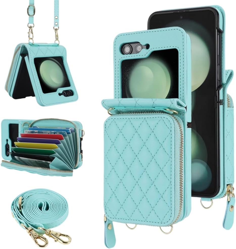 Phone Case for Samsung Galaxy Z Flip 5 Crossbody Wallet Case, Zipper 8 Card Slots with Adjustable Crossbody Strap, PU Leather Fashion Card Holder Flip 5 Phone Cover for Women (Green)