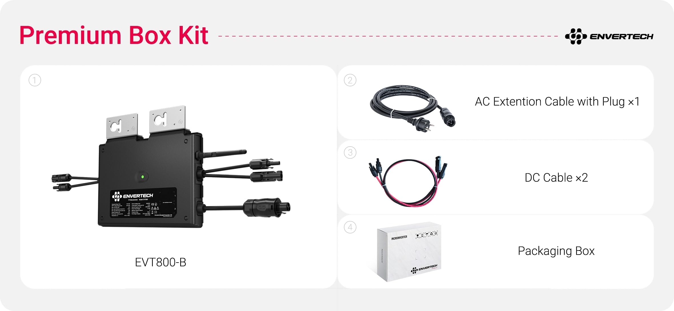 Envertech Inverter EVT800 - Set completo per impianto elettrico da balcone 600 W/800 W con WiFi integrato, con cavo di collegamento AC da 5 m e cavo di collegamento per pannello DC da 1 m