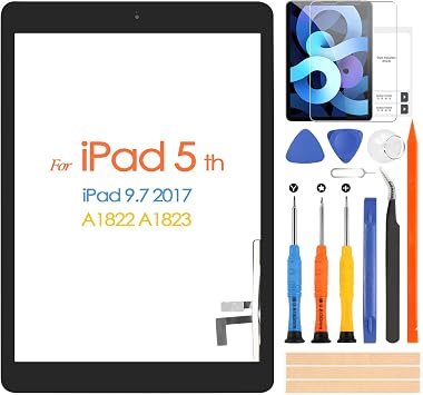 A1822 A1823 Screen Replacement, for iPad 2017 5th Generation Touch Screen 9.7 inch Digiziter Touchscreen Glass Panel with Home Button & Repair Tools Not LCD