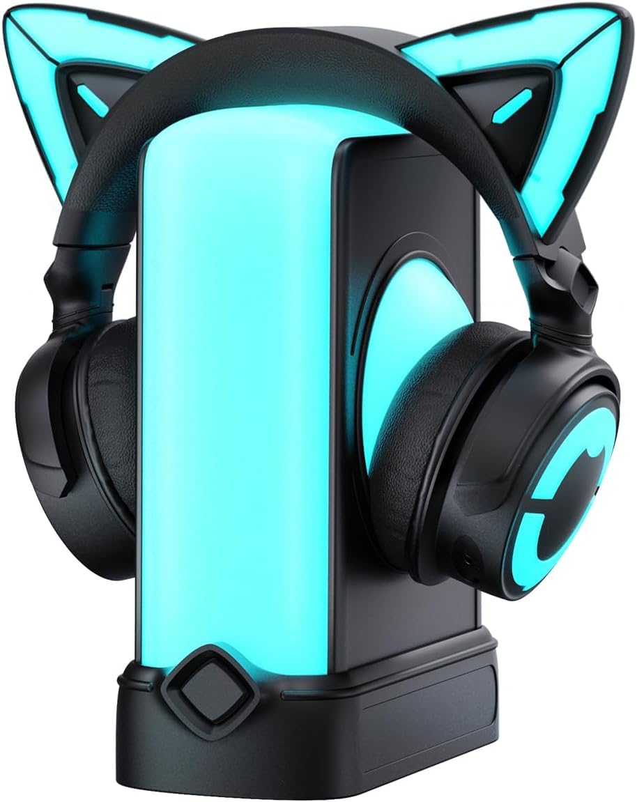 YOWU RGB Black Cat Ear Headphones 4GS and Crystal Headphone Stand,Accessories for The Ultimate Experience