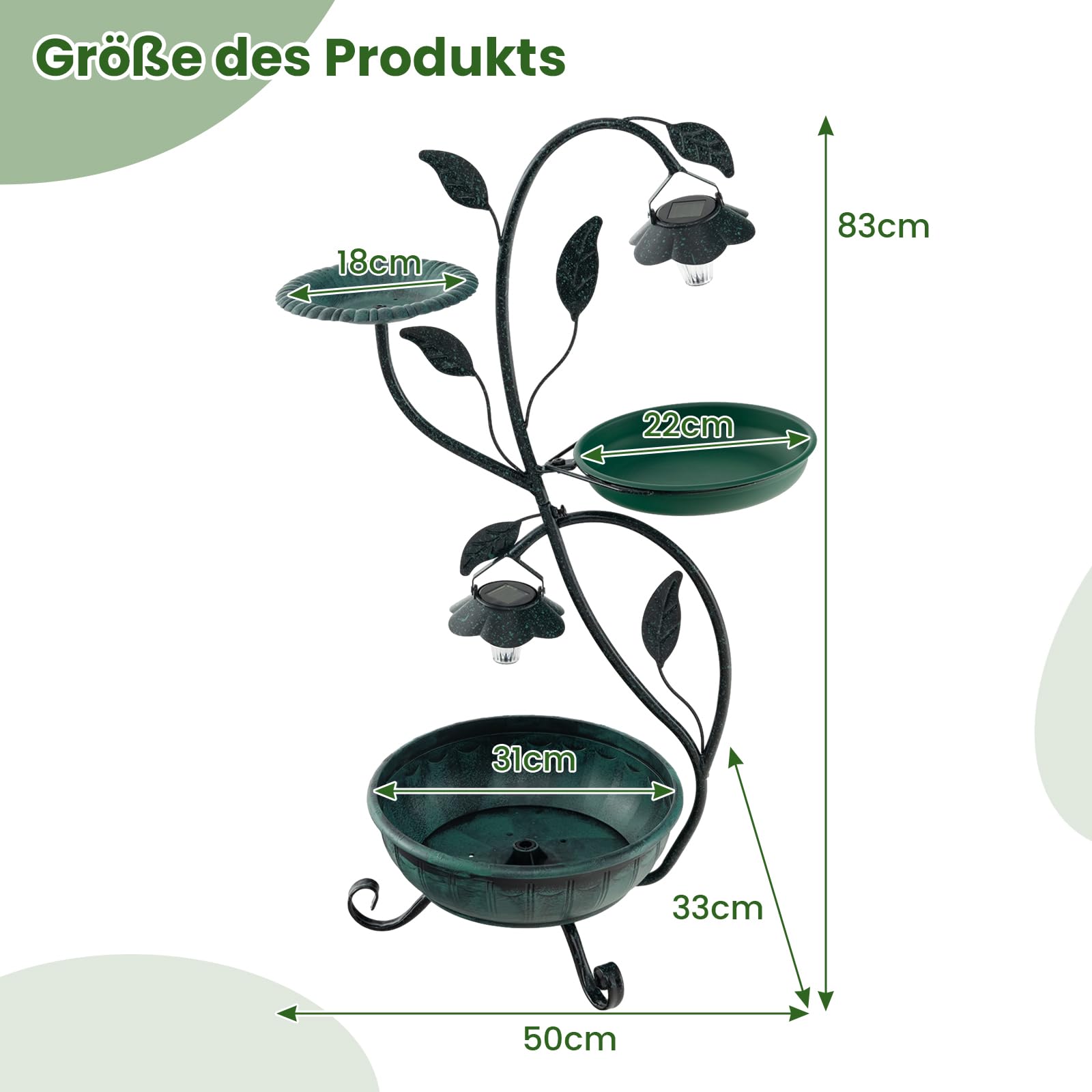 COSTWAY Vogeltränke mit Solarleuchte, Vogelbad Futterspender Blumentopf, Metall, 83 cm, Vogelfutterstation Deko, Blumenkasten mit dekorativen Blumen & Blättern, für Wildvögel Garten Hof, Bronze