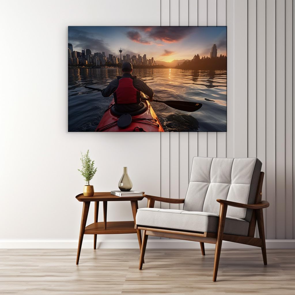 Canvas for Living room. Paddling into Serenity: A Kayaker�s Journey Towards the Towering City Skyline at Sunset, 27 x 18 inch Canvas Wall Art - Modern Home Decor