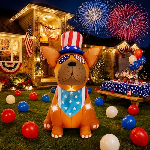 KABOER 5 FT 4th of July Inflatables Outdoor Decorations French Bulldog Inflatable with LED Lights Independence Day Blow Up Yard Decor for Party Garden Yard Memorial Day Decor