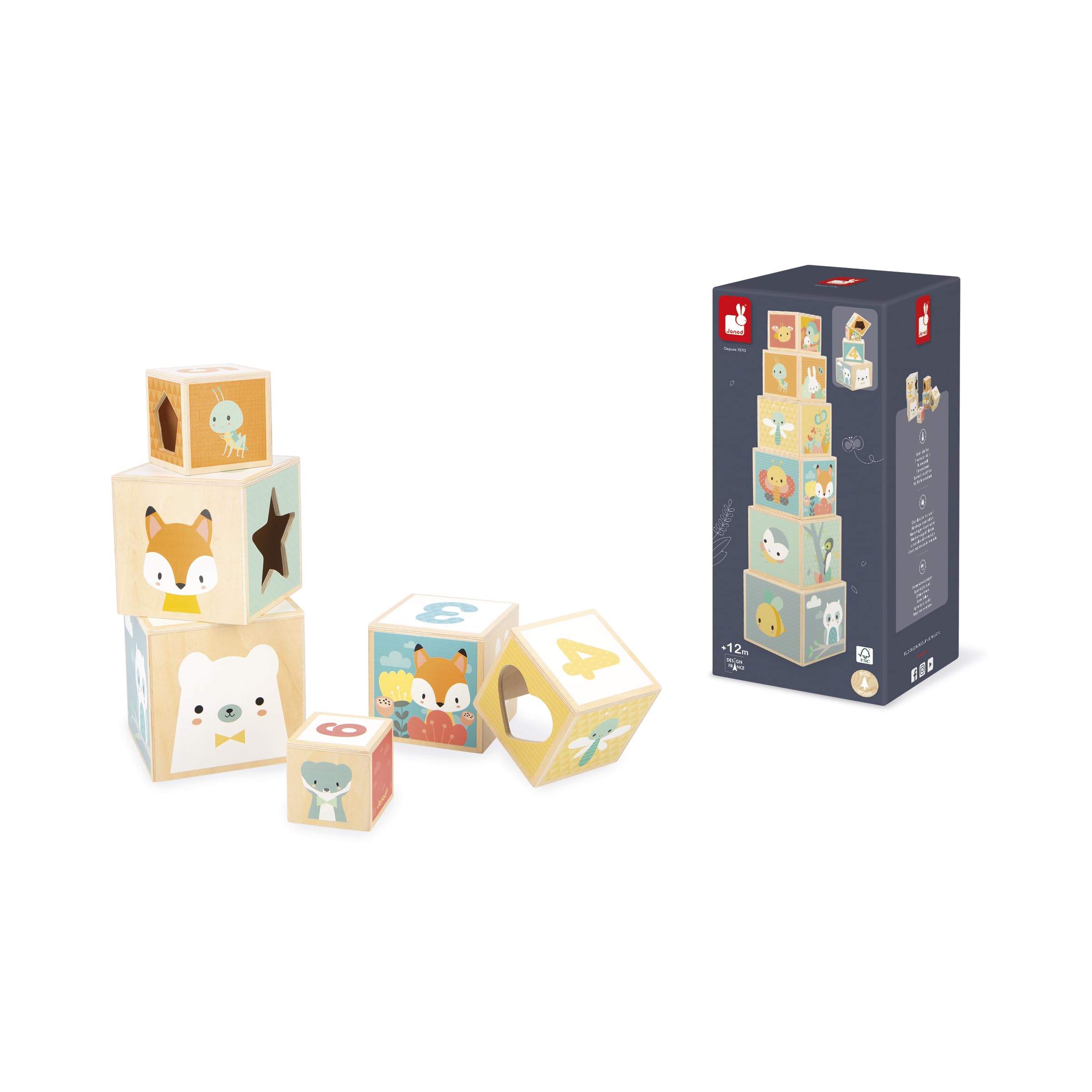 Janod Pyramide en Bois d'Éveil-6 Cubes à Empiler-Jouet d'Empilement d'Encastrement-Développe Dextérité et Imagination-Premier âge-da 12 miesięcy, J05147