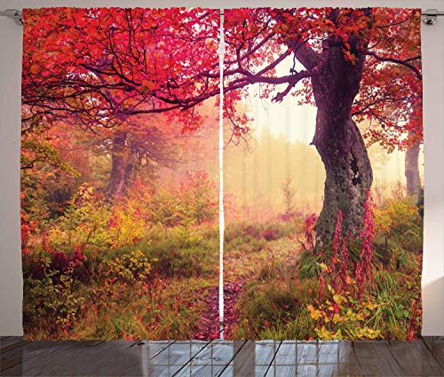 Ambesonne Landscape Curtains, Majestic Scenery of Warm Colored Dry Leaves Colorful Autumn Trees Foggy Forest Woods Nature Image, Living Room Bedroom Window Drapes 2 Panel Set, 108" X 90", Coral Green