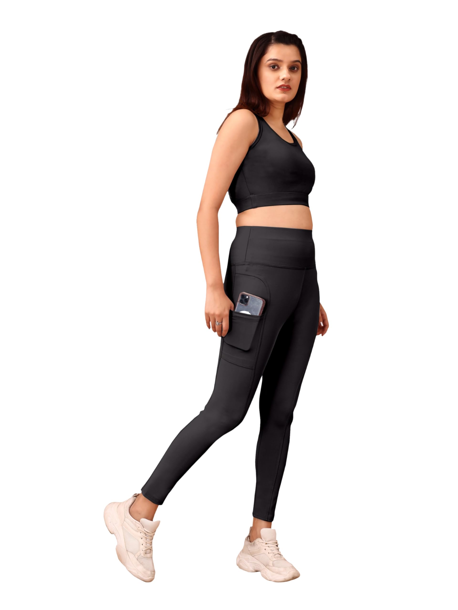 poojaran saree Women's 2-Piece Workout Set, High-Waist Leggings with Phone Side Pocket, Gym wear Track Suit, Sports Bra, Co-ord, Sports Running Suits, Yoga Wear-picture-57