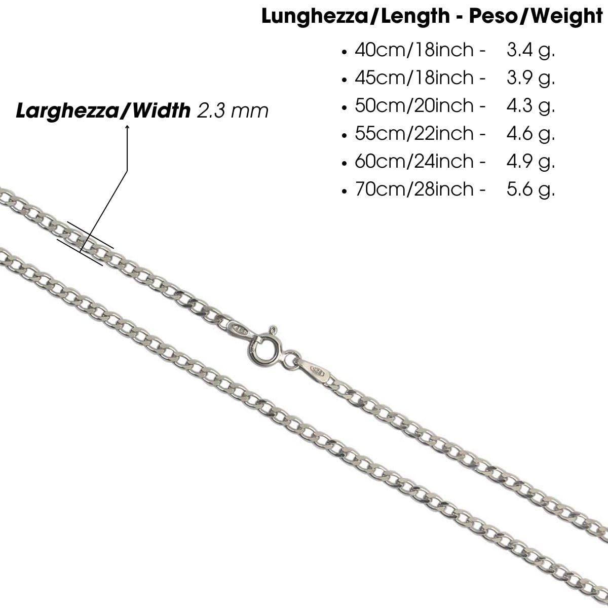 Aka Gioielli - Chaîne Cubain Gourmette 2.3mm Argent Sterling 925 Rhodié - Collier Argent Massif Femme Homme Garçon - Longueur: 40 45 50 55 60 70 cm