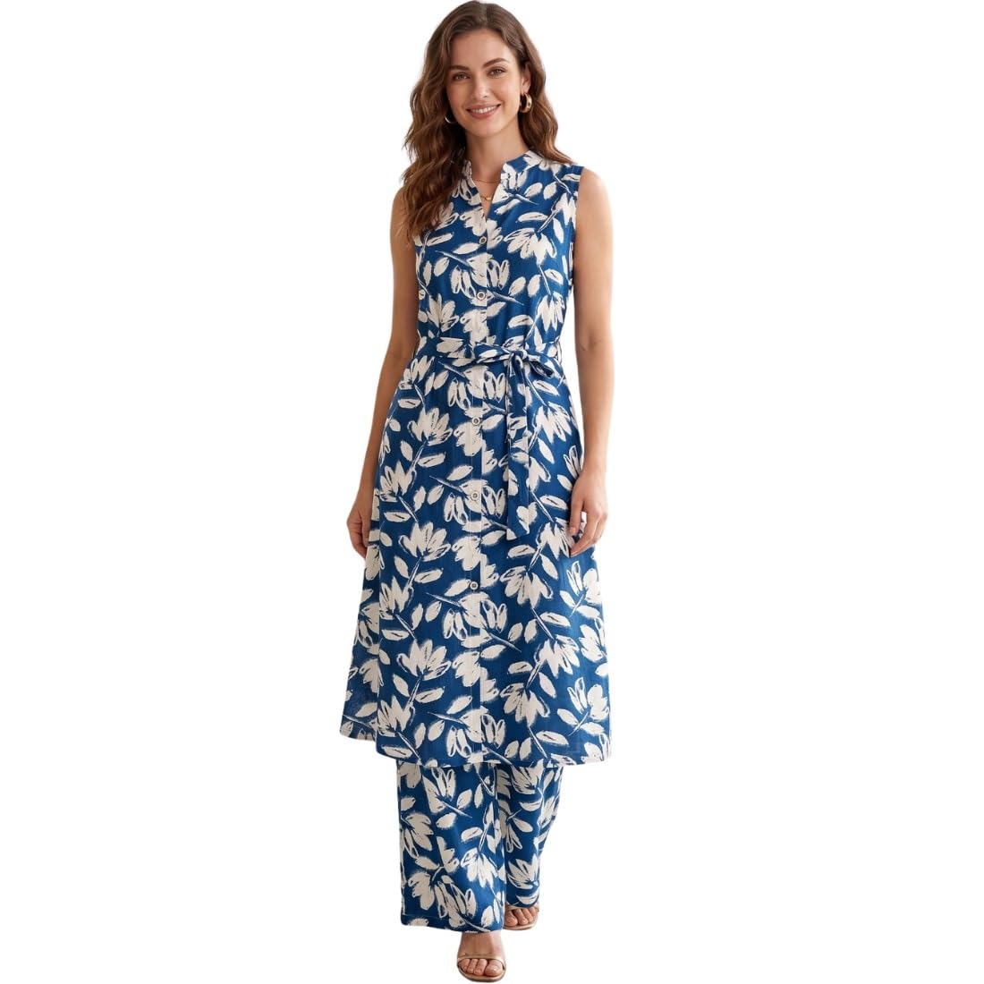 Women's Blue Floral Printed Sleeveless Kurta Pant Set | Mandarin Collar Straight Kurta with Matching Palazzo | Casual, Office & Festive Ethnic Wear -XL-image-29