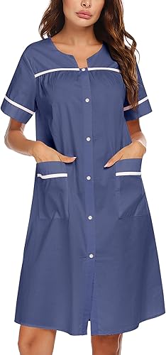 Ekouaer Ropa de dormir para mujeres, camisón con broches frontales, bata de casa de algodón, manga corta, vestido de casa