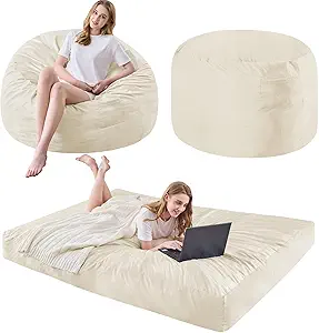 Bean Bag Chairs for Adults - Giant Bean Bag Chair Convertible Bean Bag Bed - Beanbag Chair with Micro Fiber Cover/Furniture Foam Filler - Floor Couch Sofa in Bedroom Dorm Room - Queen Beige
