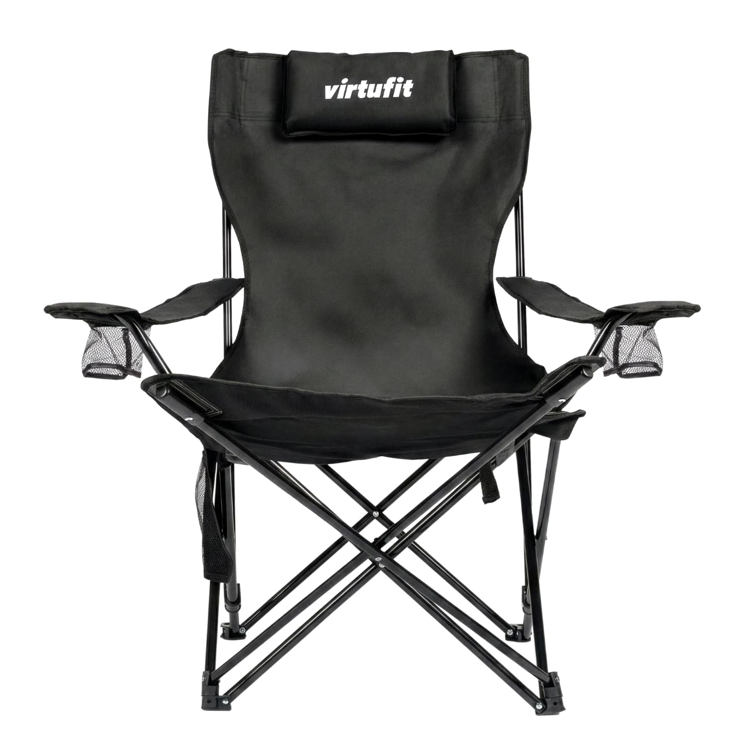 VirtuFit Faltbarer Campingstuhl mit Fußstütze Schwarz – Klappbarer Strandstuhl mit Armlehnen und Getränkehalter – Bequemer Outdoor Stuhl für Camping, Garten, Festival und Strand