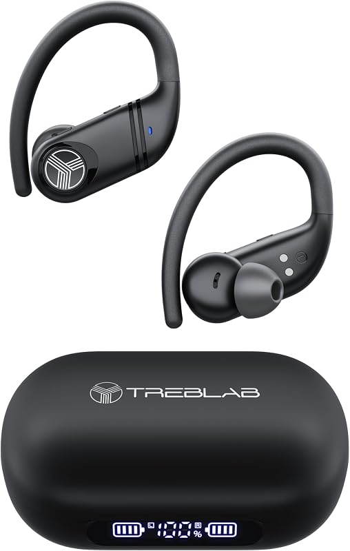 TREBLAB X4 Over the Ear Earbuds Wireless Bluetooth, 11H, IPX5 | Bluetooth Headphones Waterproof IPX5, 2500mAh Powerbank Case, Wireless Charging, Gaming Mode 60ms, ENC Mic, Sport Hook Fit