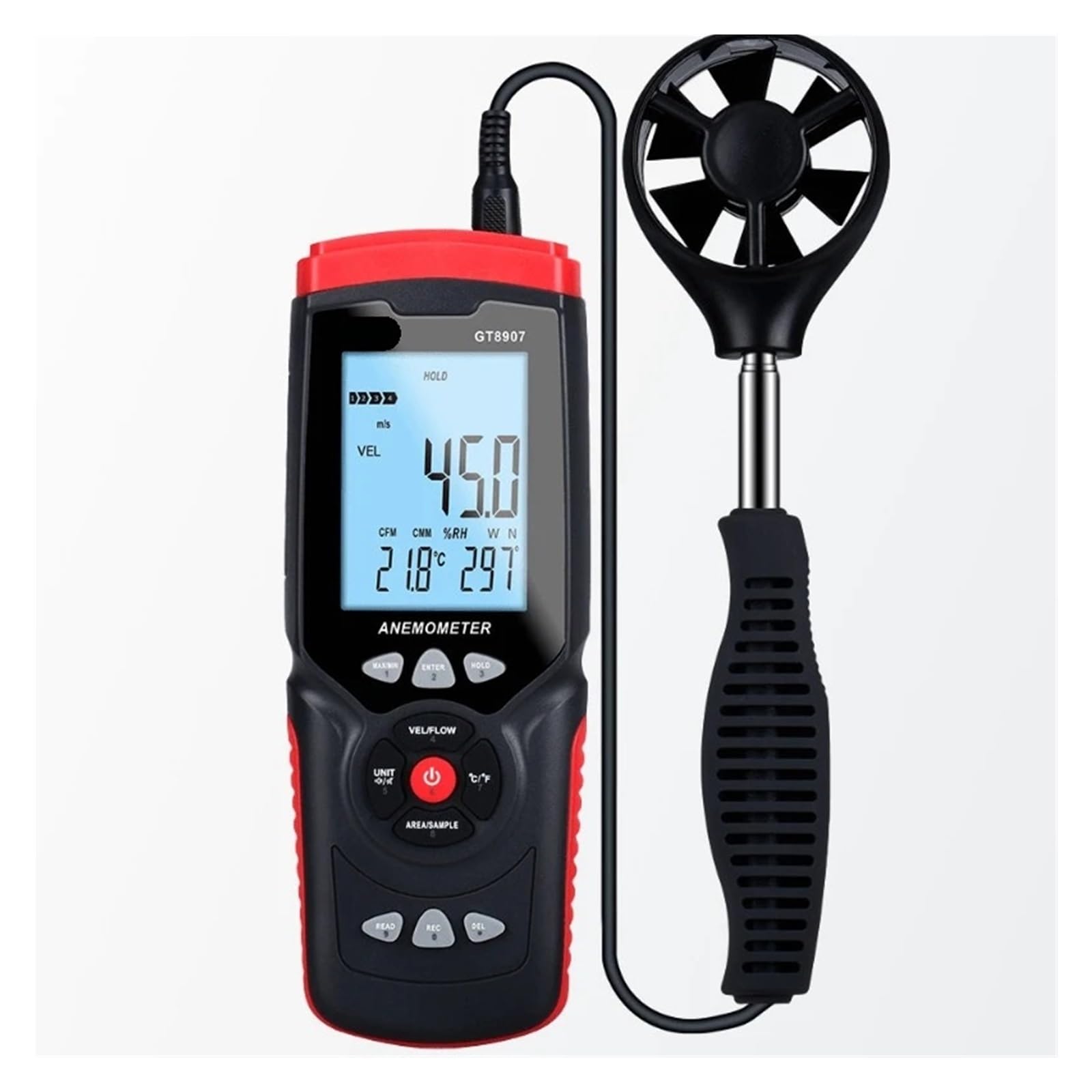 Anemómetro digital GT8907 Medidor de velocidad del viento for actual Temperatura Humedad Volumen aire Flujo Dirección Ángulo Datos