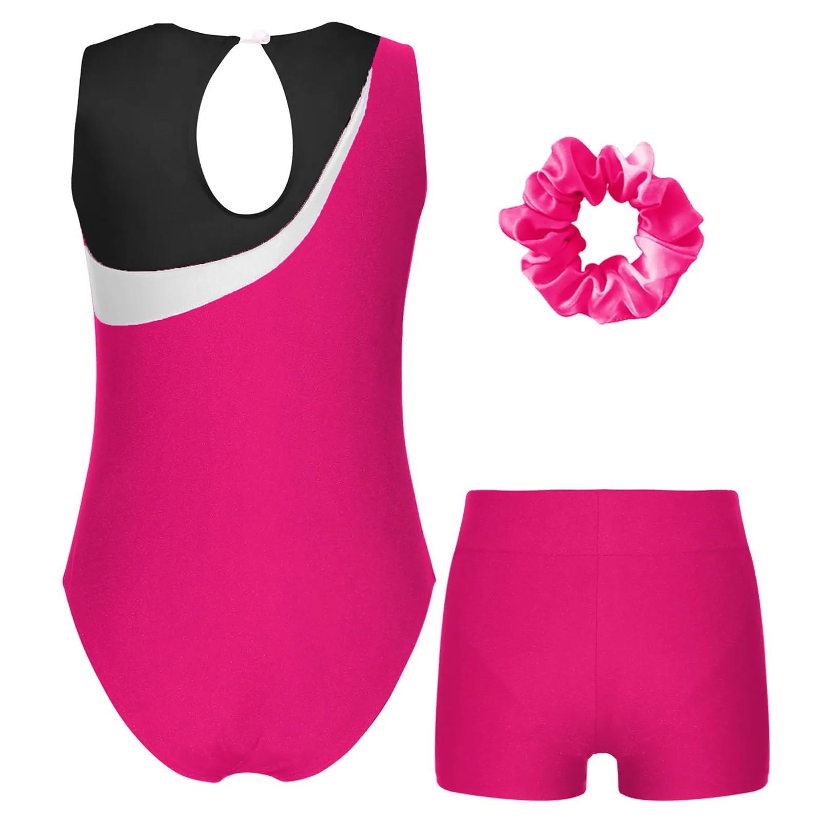Maillot Gimnasia Ritmica Niña Conjunto de Ropa de Baile de Ballet for niñas, Leotardo de Gimnasia sin Mangas, Leotardo de Patinaje con Parches y Calzoncillos Tipo bóxer(Rose,8Y)
