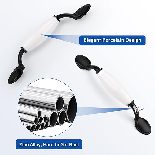 Miniatura 3 de KNOBWELL Paquete de 12 manijas de gabinete de cocina de aleación de zinc de cerámica blanca y negra, tiradores de cajón de tocador de porcelana,