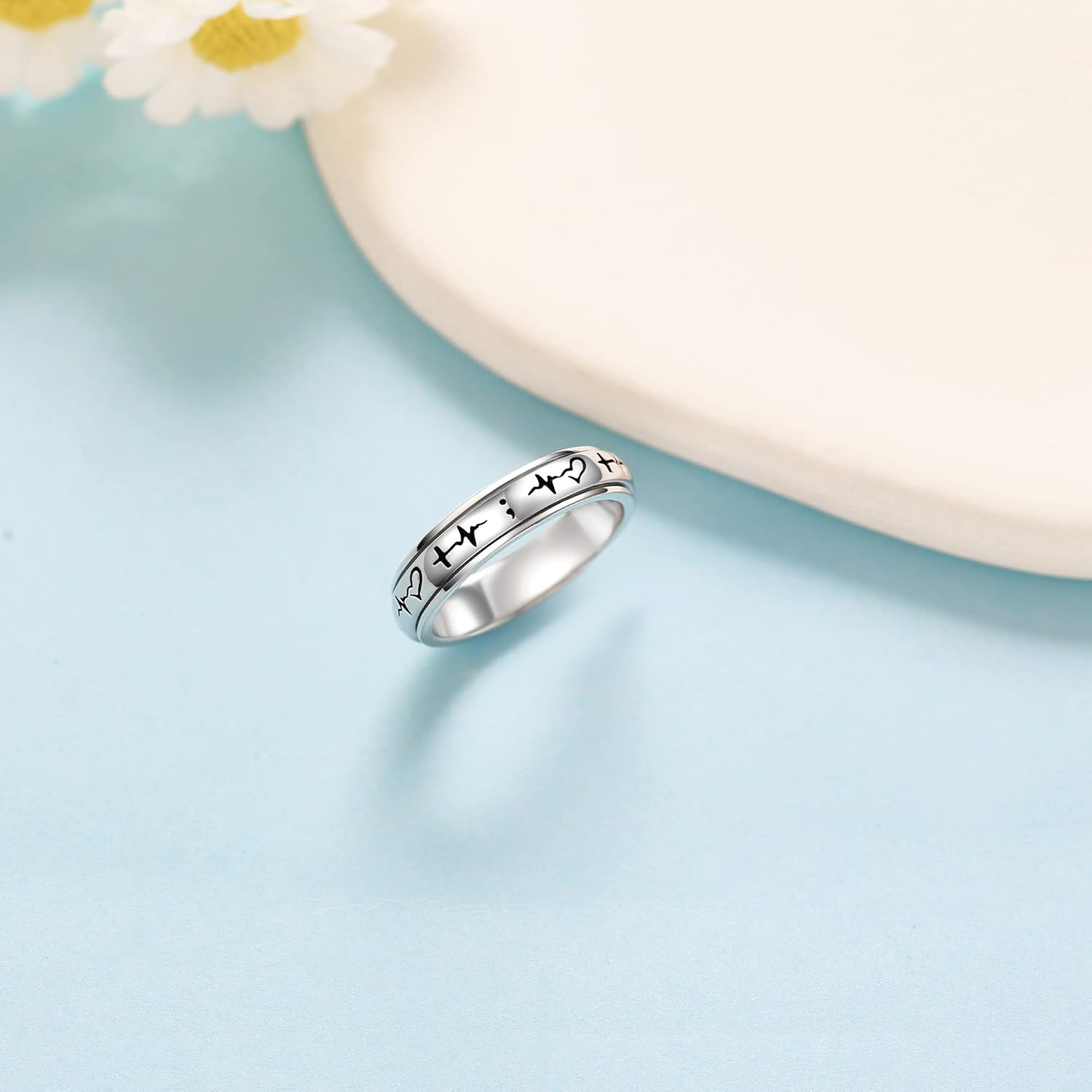 Yafeini Sterling Silver Anxiety Ring - Filigree Leaves/Heartbeat Spinner Band - Stress Relieving Band - Women's Birthday Jewelry Gift