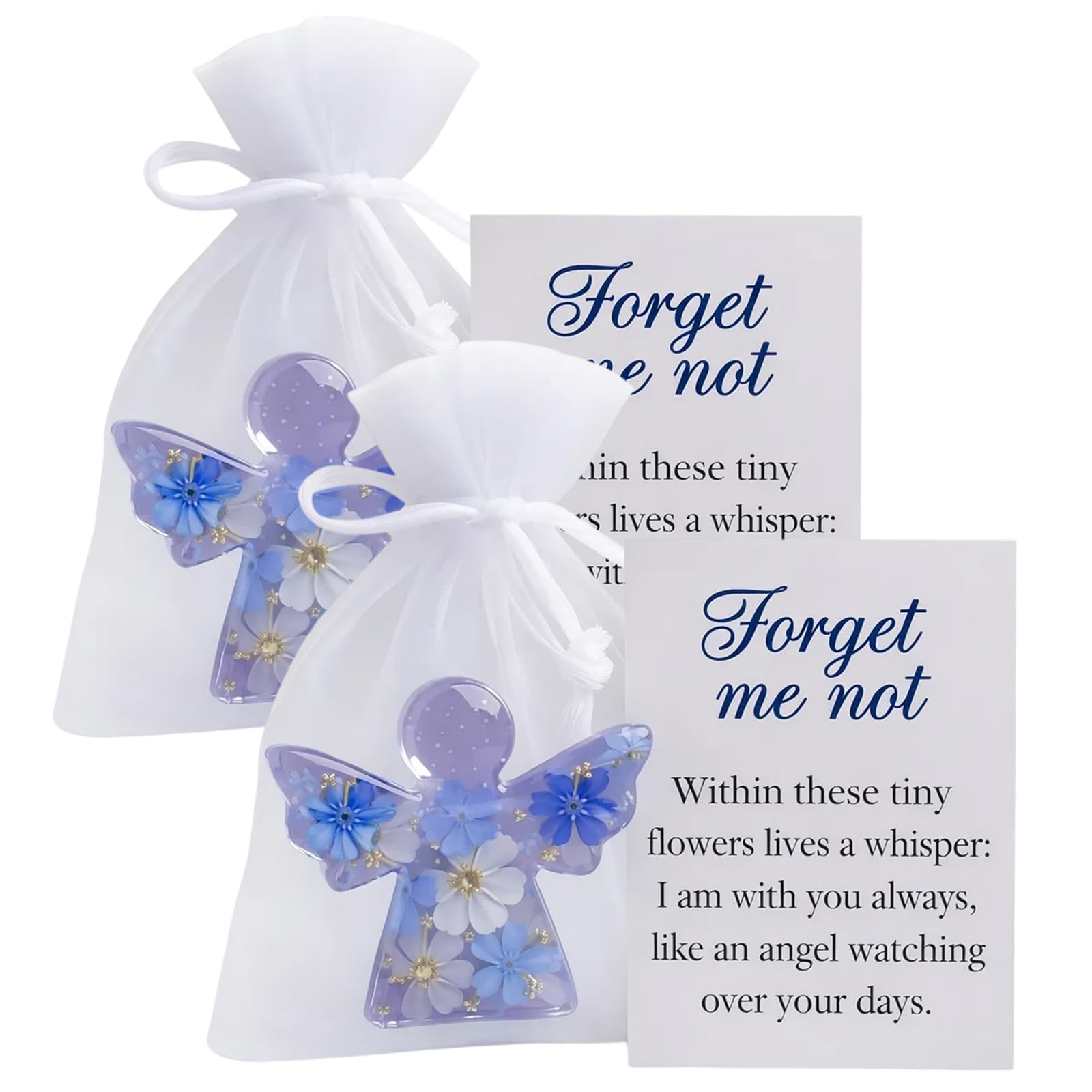 2 Set Forget Me Not Gifts, Angel Keepsake with Inspirational Message Card, Pocket Hug Token for Bereavement Comfort and Daily Remembrance, 2 Piece Set with Angel Ornament and Memorial Card