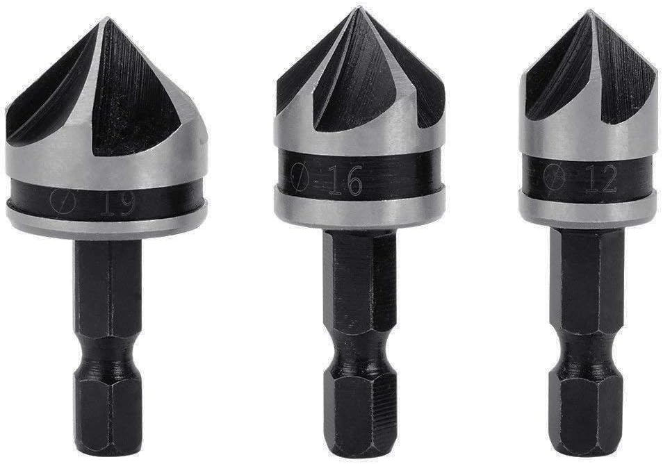 3pcs 1/4 Inch Hex Shank 5 Flute 90 Degree Chamfering Countersink Drill Bit Set 12mm 16mm 19mm
