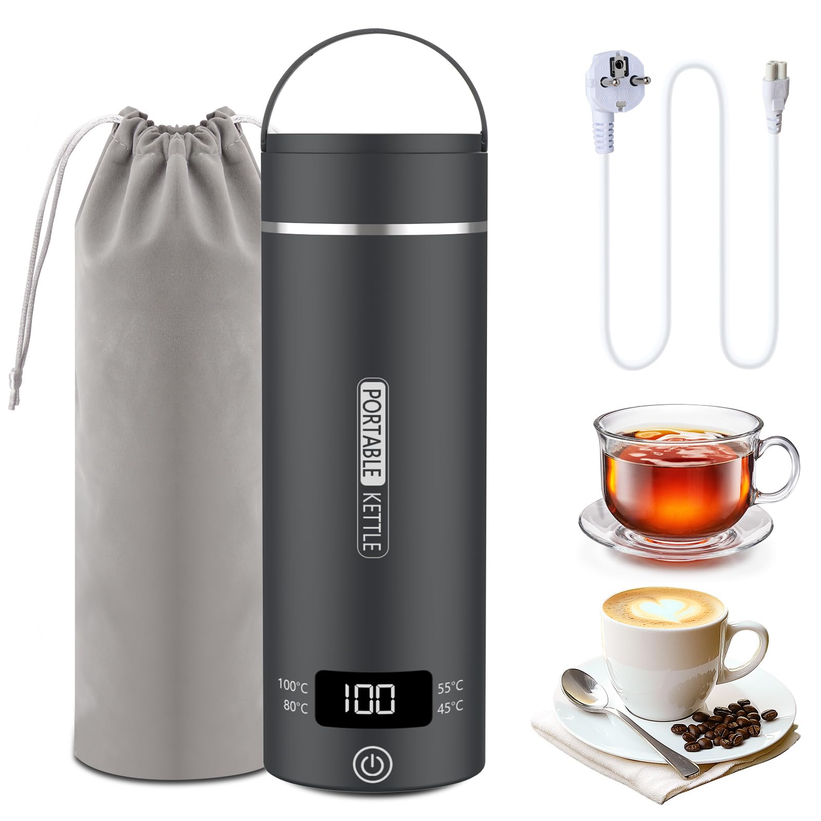 Elektrischer Reisewasserkocher Klein 500ML, Kleiner Wasserkocher Reise Schnelles Kochwasser Mini -Wasserkocher tragbar 316 Edelstahl, automatisches Schließen, For Tee, Kaffee, Babymilch (Dunkelgrau)