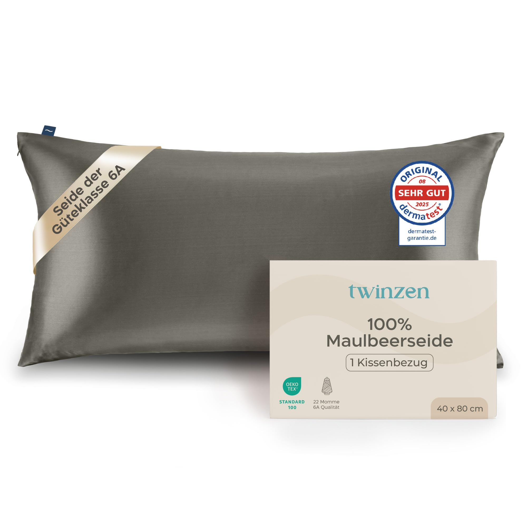 Twinzen Seidenkissenbezug 100% Silk Pillowcase 22 Momme Güteklasse 6A - Oeko-Tex Zert. für Haar und Haut