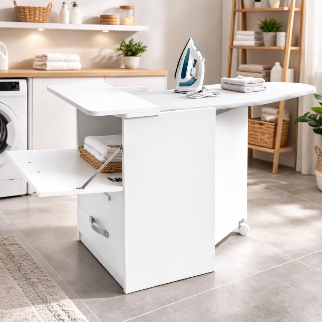 Linea Azzurra Mobile con Asse da Stiro Pieghevole Mobile da Stiro in Legno Nobilitato Melaminico 89x57x44 cm con Cassetti Contenitori e Ruote Made in Italy