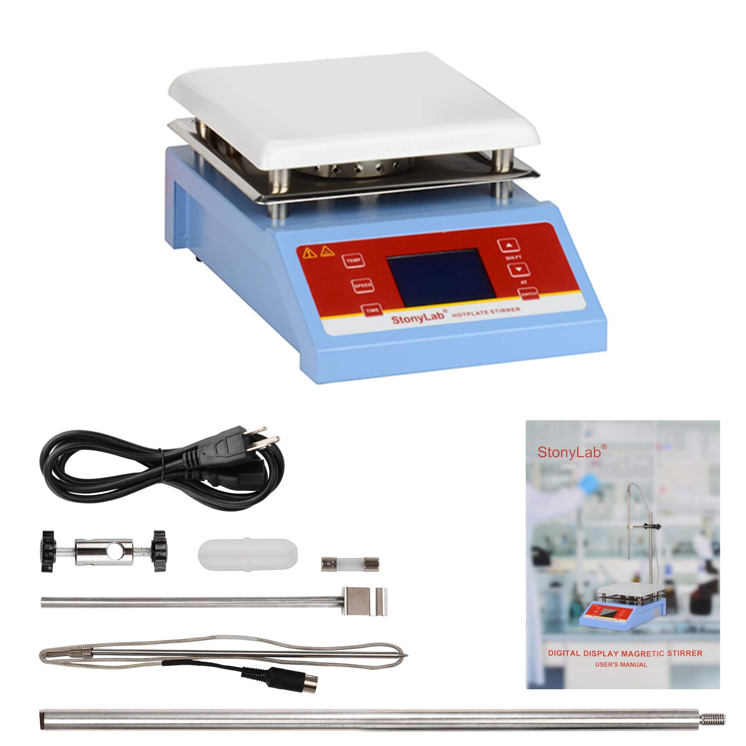 stonylab Agitatore Magnetico a Display Digitale, 5L 200-2000 giri/min Mescolatore Magnetico con Piastra Riscaldante in Ceramica e Sonda Sensor di Temperatura, Max 350℃ Potenza Nominale 600W, 220V