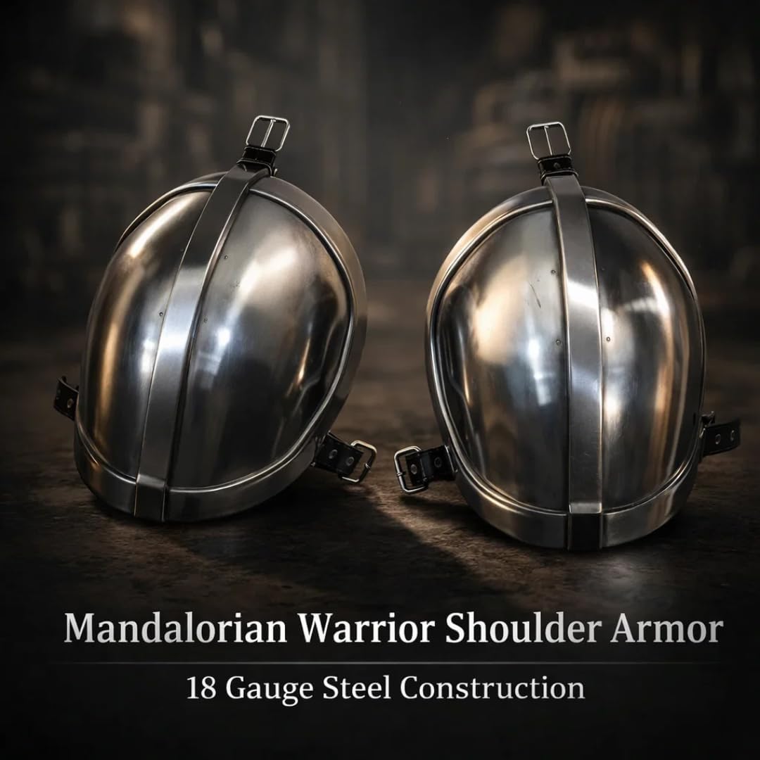 Mandalorian Warrior 18 Gauge Steel Pair of Pauldrons Shoulder Armor with Silver Polish | Adult Costume with Attachable Leather Straps for Halloween, Cosplay, LARP & Christmas Events