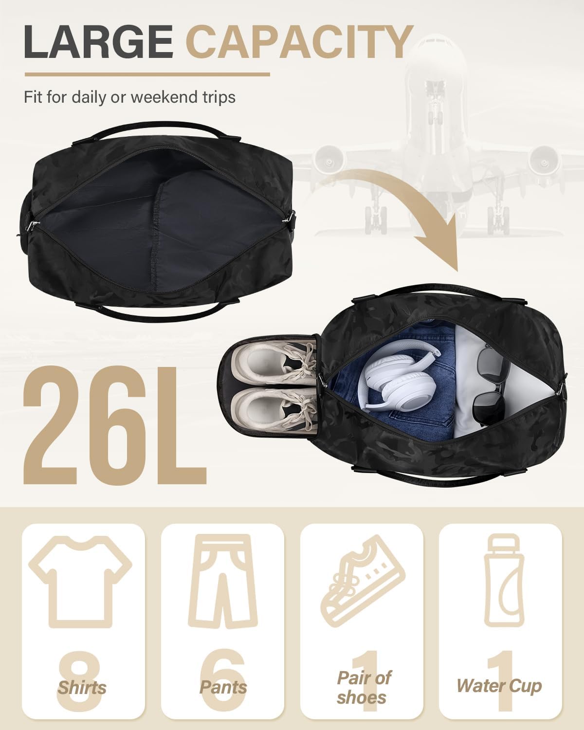 Travel Duffle Bag for Women Large Weekender Overnight Bags Gym Bag with Shoe Compartment Waterproof Hospital Bag Carry On Tote Bag for Airplanes,Camo Black - Image 2