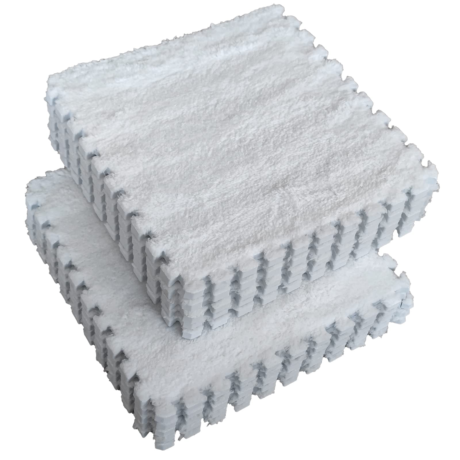 Jaderlu 16pcs Interlocking Tile Mats,Fluffy Shaggy Soft EVA Foam Area Rug for Living Room & Bedroom,Non-Slip Protective Floor Carpet Play Mat - Kids Baby Boys Teen Dorm Home Decor (11.8ft, White)