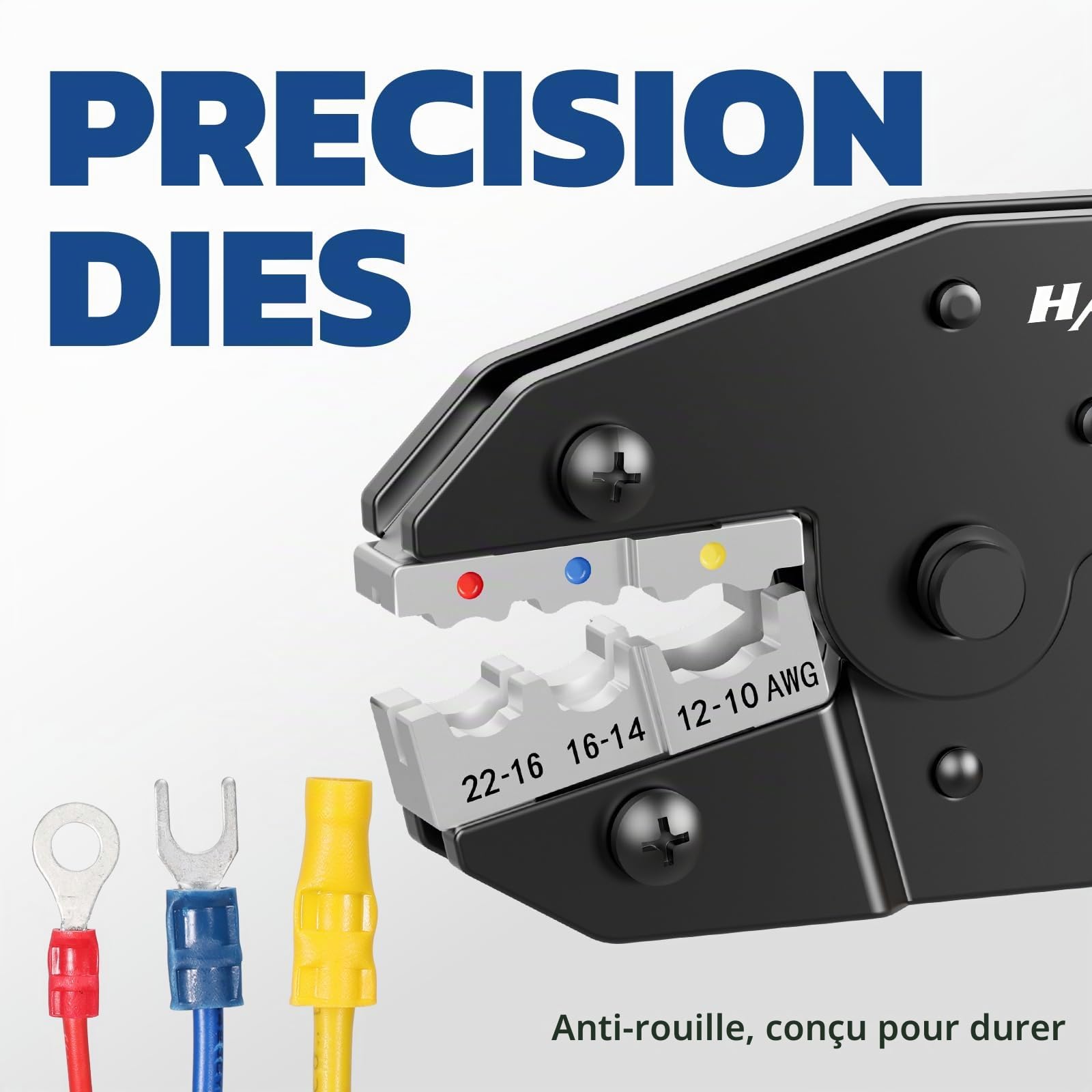 Haisstronica Pince à Sertir pour Cosses Isolées 0,5–6 mm² (AWG22–10), Outil à Cliquet pour Cosses en Anneau Isolées, Connecteurs de Câble et Raccords, Pince à Cosses à Cliquet